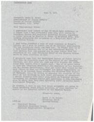 ["The document is from Harry J. W. Belvin, Principal Chief of the Choctaw Nation, to Commissioner Louis R. Bruce of the Bureau of Indian Affairs, expressing appreciation for a response to a letter regarding the selection of the next Principal Chief. Belvin hopes for an objective approach in the upcoming election and criticizes the interference of the Oklahoma City Council of Choctaws in the election process. Belvin warns against meddling in the internal affairs of the Choctaw Nation."]
