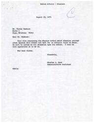 ["Mr. Roebuck sent a telegram to Speaker Carl Albert regarding the Choctaw tribal chief election, expressing his intention to win and offering cooperation for tribal progress. The message was received after Speaker Albert had left for Korea, but will be brought to his attention upon his return. Charles L. Ward, Administrative Assistant, thanked Roebuck for the message and conveyed best wishes."]