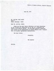 ["The document consists of letters regarding the Choctaw Chief election set for August 14, 1971. The first letter expresses objections to the 35-year-old age limitation for candidates, which has been forwarded to the Commissioner of Indian Affairs for consideration. The second letter informs about a temporary restraining order issued by Judge Langley blocking the election, and the third letter encloses copies of the constituents' letters for the Commissioner's consideration. Additionally, there is a newspaper clipping reporting on the restraining order issued by Judge Langley due to a dispute over the age requirement for candidates."]
