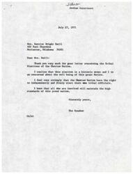 ["The document addresses concerns about the upcoming election of a Choctaw Chief, highlighting issues with the current Chief's behavior and actions. The writer, Harriet Wright Neill, expresses dissatisfaction with the Chief's conduct, including intimidation tactics and lack of transparency. Neill also mentions her husband's candidacy for Chief and the importance of giving Choctaw people a choice in their leadership. The document is also addressed to Congressman Carl Albert, urging him to be aware of the situation and potential impact on his office."]
