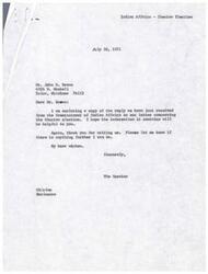 ["The Speaker is sending Mr. John D. Brown a copy of the reply from the Commissioner of Indian Affairs regarding the Choctaw election. The Speaker hopes this information will be helpful to Mr. Brown and offers further assistance if needed."]