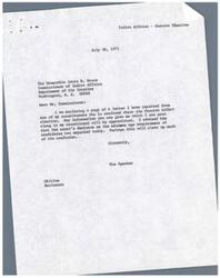 ["The Speaker is writing to the Commissioner of Indian Affairs regarding confusion about the Choctaw tribal election. They mention a constituent who is seeking information and express hope that a court decision on the minimum age requirement for candidates will help clear up the confusion."]