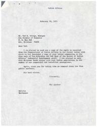 ["The document is a series of letters expressing appreciation for the work of the Bureau of Indian Affairs' Industrial Development Branch in assisting small communities with large Indian populations. The documents specifically commend the efforts of Tom McSpadden and Bob Huey in helping to bring new commercial and industrial enterprises to Oklahoma. The Bureau's work in securing the Solo Cup Company plant in Ada, Oklahoma, is highlighted as a successful example of their efforts."]