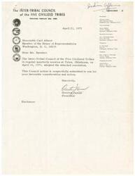 ["The Inter-Tribal Council of the Five Civilized Tribes in Oklahoma is requesting that the Bureau of Indian Affairs extend its services to urban Indians in the state to address the economic problems faced by those who have moved to cities seeking better opportunities. They are asking for adequate financing for these programs and have adopted a resolution to be forwarded to the Oklahoma Congressional Delegation, the Secretary of the Interior, and the Commissioner of the Bureau of Indian Affairs."]