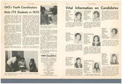 ["The OIO Newsletter from March 1971 highlights the work of OIO's Youth Coordinators in assisting Indian youth with their education and leadership development. The coordinators have helped over 175 students in 1970 with post-secondary education plans, college applications, and financial assistance. They also engage in community service projects and organize events such as trade fairs and youth conferences. The newsletter features profiles of young candidates running for positions in the OIO Youth Council, who express their commitment to serving and empowering their communities. Additionally, the newsletter mentions collaborations with Planned Parenthood for young mothers and the upcoming Statewide Youth Conference."]