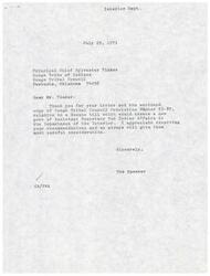 ["The Osage Tribal Council sent a resolution to the Speaker of the House of Representatives supporting the creation of a new post of Assistant Secretary for Indian Affairs in the Department of the Interior, as proposed in Senate bill S. 291. They requested support for Sections 1 and 3 of the bill but opposed Sections 2, 4, and 5 which would abolish the office of the Commissioner of Indian Affairs and the offices of the Assistant and Deputy Commissioners. The resolution was approved by the council with a vote of six in favor and none opposed."]