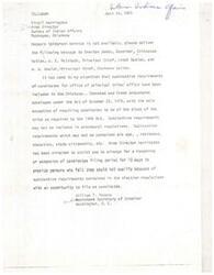 ["The document is a message from William T. Pecora, Assistant Secretary of Interior, to Virgil Harrington, Area Director of the Bureau of Indian Affairs in Muskogee, Oklahoma. Pecora instructs Harrington to deliver a message to various tribal leaders regarding the inclusion of substantive requirements in tribal election procedures, which is not allowed. Harrington is directed to assist in arranging for a reopening or extension of the candidates filing period to allow individuals who may have been excluded due to these requirements to file as candidates."]
