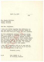 ["Mrs. Maggie Gallimore is having difficulty getting her roll number in order to file for payments. She is advised to contact Mr. W.O. Roberts at the Five Civilized Tribes Agency in Muskogee, Oklahoma to obtain her roll number. Mrs. Gallimore mentions that her papers were lost in a fire and requests help from Congressman Carl Albert in finding her roll number. She also mentions that Lauger Dickerson had her roll number but passed away before filing her papers."]