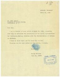 ["George Freeman from Ardmore, Oklahoma expresses his support for Carl Albert's bill to authorize the commutation of the annual appropriation for fulfilling treaties with the Choctaw Nation of Indians. He thanks Albert for his letter on the matter."]