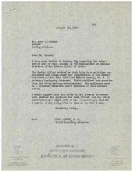 ["Mr. John L. Boland, a lawyer from Caddo, Oklahoma, wrote to Congressman Carl Albert on January 28, 1950, inquiring about a part-time medical director appointment at the Indian clinic in Atoka. He recommended a friend for the position and requested assistance in securing the appointment. Congressman Albert responded on January 30, 1950, advising Mr. Boland to contact the Superintendent of the Five Civilized Tribes Agency in Muskogee, Oklahoma, for more information on the position."]