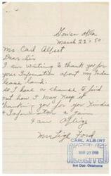 ["Mrs. Lige Ford is writing to Mr. Carl Albert, a member of the House of Representatives, to seek assistance regarding her Indian lease land. She received a letter stating that the government has purchased the land and she needs guidance on how to proceed with leasing or buying it. Mr. Albert forwards her concerns to the Bureau of Land Management and assures her of his support."]