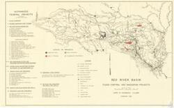 ["The document is a map detailing various federal projects, mainly focusing on flood control and navigation in areas such as Tulsa, Canadian, Fork, Amarillo, Altus, and Denison. It indicates the status of different projects, whether they are completed, authorized, or in progress, and also outlines recommended improvements. The map includes a legend signifying channel improvements, navigation canals, bank protection, dams and reservoirs, embankments, roads, floodgates, locks, and pumping plants. The projects are spread across regions in Texas, Oklahoma, Arkansas, and Louisiana."]