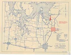 ["The document is a detailed map of the Lake Texoma area, distributed by the Denison Chamber of Commerce and drawn by H.A. Marsh in 1945. It features various geographical locations and points of interest, including Kingston, Madill, Washita Arm, Caney Creek Area, and the Enos region. The map also highlights various highways, roads, county lines, state boundaries, airports, schools, cemeteries, and public boat launching areas. It includes a legend and a graphic scale in miles. The text at the bottom of the map states that clear water can always be found near the dam, regardless of rains or floods."]