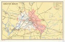 ["The document describes a map of the Greater Berlin area, indicating various locations like Orangeburg, Wandlitz, Birkenwerder, Velten, and Hennigsdorf. It also outlines different transportation routes such as double-track and single-track railroads, autobahn, main highways, and canals. The map includes sectors under Soviet and Allied control, and points of interest like the Tegel Airfield, Spandau, Wedding, Tiergarten, West Berlin, East Berlin, and Potsdam. It also incorporates measurements in statute miles and kilometers."]