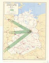["The document is a detailed map of the Berlin-Bornholm region in Denmark, with marked approaches to Berlin. It features control points for Allied traffic, interzonal border crossing points, air corridors, railroads, canals, roads, and administrative centers. It also outlines the boundaries between the Soviet and Allied territories, as well as the East and West divisions. It includes a scale in both statute miles and kilometers."]