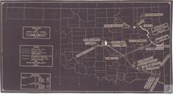 ["The document is a March 1955 water supply and navigation study of South East and Central Oklahoma by consulting engineers G.B. Treat and F.J Wilson. It details various reservoirs including Oologah, Keystone, Lake Overholser, Webbers Falls, and Eufaula. It also includes cities such as Oklahoma City, Union City, and Catoosa. The document further provides information on domestic water routes, navigation routes, a combined navigation and domestic water supply, and supplementary water supply canals. It also contains a graphic scale of reservoirs and mileages for various routes."]