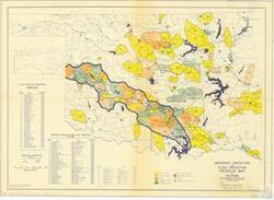 ["The document is a project map detailing flood prevention watersheds in Oklahoma, created by the U.S. Department of Agriculture's Soil Conservation Service. It provides information on watershed protection and flood prevention, including details of the drainage area, counties involved, construction progress, and existing or planned constructions. The map, which has been checked and approved both cartographically and technically, was last revised in July 1959."]
