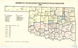 ["The document provides information on the members of the Oklahoma State Senate in the 31st Legislature in 1967, including their names and the counties they represented. It also lists the population figures for each county based on the 1960 census, with a total population of 2,328,284. The data is presented in a map-like format, with each county's representative and population listed separately."]