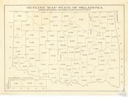 ["The document is an outline map of the state of Oklahoma, illustrating preliminary census figures from 1950 for each county. The map includes data such as population and employment numbers for each county, providing a comprehensive view of the state's demographics during that period."]