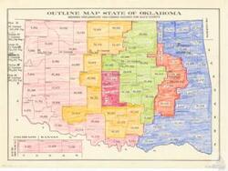 ["The document is an outline map of the state of Oklahoma, showing preliminary 1950 census figures for each county. It includes data such as population numbers for different counties, designated by different colors and numerical assignments. The data is organized into groups by county and population, with specific counties highlighted in different colors. The document appears to be a part of a larger project, as indicated by the reference Maps, F3, Item 74 from the Carl Albert Center."]