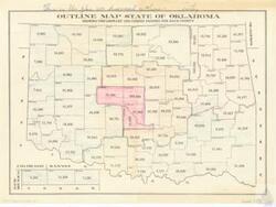 ["The plan outlines a map of the state of Oklahoma, showing preliminary 1950 census figures for each county. The data ranges from 4,581 in Cimarron County to 322,520 in Oklahoma County. The map is part of the Albut Maps collection, specifically item 75."]