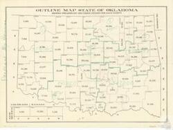 ["This is a map of the state of Oklahoma, showing preliminary census figures from 1950 for each county. The data includes population counts for each county, such as Harper with 5,880 and Woods with 14,502. The map is part of the Albert Maps collection, specifically folder 3, item 76."]