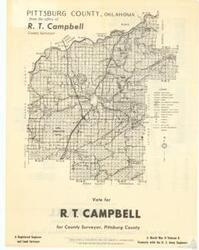 ["The document is a detailed map of Pittsburg County, Oklahoma, showing various features such as paved, graveled, and improved roads, U.S. interstate highways, state highways, railroads, municipal township lines, commissioners districts, streams, schools, chapels, electric lines, military reservations, ammunition depots, and borders. It also includes information about R.T. Campbell, a World War II veteran and registered engineer who is running for the position of County Surveyor. The reverse side of the document contains a map of the city of McAlester."]