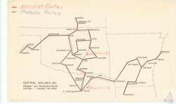 ["The document outlines the present and proposed routes for Central Airlines, Inc., covering numerous cities from Wichita to Dallas. The data is part of a project titled as 'Docket No. 4083' and is categorized under Albert, Maps, Folder 4, Item 110."]