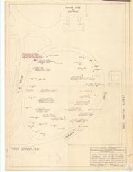 ["The document is a map detailing the proposed location of a memorial tree to be planted on the house side of the Capitol by an Arbor Day delegation from Nebraska, sponsored by Representative Charles Thone. The map shows various tree species including Sugar Maple, Beech, Red Oak, and White Oak, among others. The memorial trees are dedicated to various individuals and organizations such as Speaker McCormack, Speaker Rayburn, Rep. Dave Martin, and the State of Ohio. The map was drawn on August 20, 1975, by George M. White, Architect of the Capitol."]