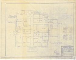 ["This is a detailed project documentation of the first floor plan for a U.S. Post Office and Courthouse located on Third Street in McAlester, Oklahoma. It includes various elements like shelving, store, testing area, telephones, private office, reception, toilet, work area, a coat area, and mechanical and construction areas. The document also specifies details about partitions, relocating platforms, air conditioning units, and adjustable shelves. It was created by the General Services Administration Public Buildings Service in Washington D.C."]