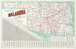 ["This is a detailed map of the highways in Oklahoma, published by the Oklahoma Department of Highways. It features paved roads, gravel roads, and soil surfaced roads, along with information about the accumulated mileage and the distance between junctions and towns. It also highlights different types of highways, state parks, commercial airfields, county seats, town centers, turnpikes, and gates. It includes alphabetical interest locations and was published in 1953."]