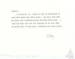["The document discusses a conversation with Mr. St. Claire regarding the arrangement of extra seats for eight senators' wives. It was concluded that the seating might have to be limited to four senators and their wives. This information is found in the Carl Albert Center, Box/Folder 17, Maps F7, Item 141."]