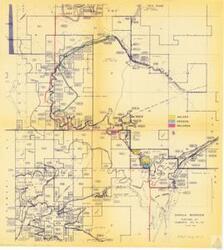 ["The document appears to be a detailed map or project blueprint, containing numerous alphanumeric codes, likely referencing specific sections or components of a larger structure or area. It includes references to lots, acquisitions, guide contours, and a relocated county road. It also mentions specific geographic features such as an orchard, a creek, and the Eufaula Reservoir. The document is connected to Albert Maps and is stored in Albert Projects Box 9, Folder 12."]