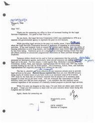 ["The document discusses the issue of increased funding for the Legal Services Corporation (LSC). The author expresses reservations about the LSC due to its controversial activities, such as using taxpayer funds for certain agendas. The author believes that private resources are available to provide legal aid to the poor and voted against increasing funding for the LSC. The author highlights the amount of pro bono work done by lawyers and believes that this tradition would continue without federal funding for legal services. The author thanks the reader for contacting their office and expresses willingness to discuss other issues."]