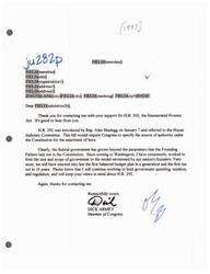["The document is a response from man Dick Armey to a supporter of H.R. 292, the Enumerated Powers Act. Armey expresses his support for the bill, which would require to specify the constitutional authority for laws. He mentions his efforts to limit government size and spending, and assures the supporter that he will keep their views in mind regarding H.R. 292."]