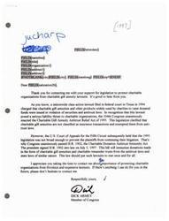 ["In 1997, man Dick Armey thanked a supporter for their advocacy for legislation protecting charitable organizations from lawsuits related to charitable gift annuities. He explained the background of the issue and the passage of the Charitable Donation Antitrust Immunity Act to prevent such lawsuits in the future. Armey expressed gratitude for the support and offered further assistance if needed."]