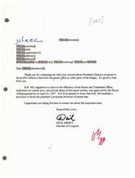 ["The document is a response from Member of Dick Armey to a constituent regarding their concern about President Clinton's proposal to divert patent fees. Armey assures the constituent that H.R. 400, a bill to improve the efficiency of the Patent and Trademark Office, includes a provision to block the president's proposal. Armey thanks the constituent for contacting him about the issue."]