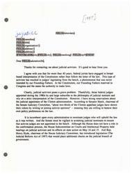 ["The document discusses the issue of judicial activism, where federal judges interpret the Constitution broadly instead of following the letter of the law. The author expresses concern about judges legislating from the bench and the need for judicial restraint and strict interpretation of the Constitution. They criticize judicial appointees of the Clinton administration for being activist judges. The author calls for vigilance in screening judicial nominees to prevent activist judges from being appointed. They mention legislative efforts to address judicial activism and emphasize the importance of maintaining a balance of power between and the federal judiciary."]