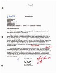 ["The document is a letter from man Dick Armey in response to a supporter's message about reforming liability laws. Armey agrees with the supporter, stating that current laws result in excessive costs on goods and services. He highlights the impact of liability laws on healthcare costs and advocates for reform to make America more competitive and lower prices for consumers. Armey mentions previous bipartisan efforts to reform liability laws and expresses his commitment to continue working on this issue in the 105th ."]