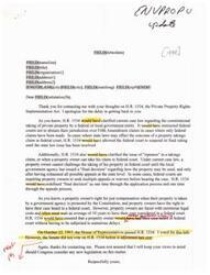 ["The document is a response to a letter regarding H.R. 1534, the Private Property Rights Implementation Act. The bill aimed to clarify laws regarding the taking of private property by government entities and ensure property owners could have their cases heard in federal court without delays. The bill was passed by the House of Representatives but was not voted on by the Senate. The sender, Dinh, assures the recipient that their views will be kept in mind for future legislation."]