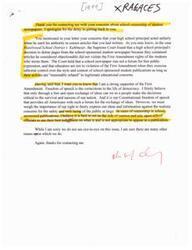 ["The document discusses school censorship of student newspapers and references the Supreme Court case Hazelwood School District V. Kuhlmeier, which found that high school principals have the authority to censor school"]