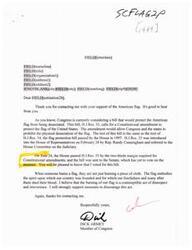 ["The document is a response to a letter of support for the American flag and discusses a bill, H.J.Res. 33, that aims to protect the flag from desecration through a Constitutional amendment. The bill has been passed by the House of Representatives and is awaiting a vote in the Senate. The author expresses support for the bill and emphasizes the importance of respecting the flag as a symbol of the country's founding principles."]