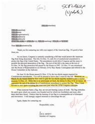 ["The document is a response from man Dick Armey regarding support for a bill that would protect the American flag from desecration. The bill, H.J.Res. 33, calls for a Constitutional amendment to prohibit the physical desecration of the flag. The House passed the bill, but the Senate failed to pass a similar measure. man Armey expresses his support for protecting the flag and plans to revisit the issue in the future. He views flag burning as a disrespectful act and will support measures to discourage it."]