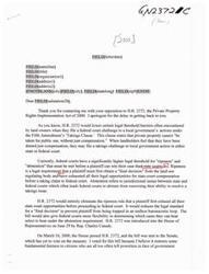 ["The document is a response from man Dick Armey to a constituent regarding their opposition to H.R. 2372, the Private Property Rights Implementation Act of 2000. The bill aims to lower legal barriers for landowners challenging local government actions under the Fifth Amendment's 'Takings Clause.' Armey explains the purpose of the bill, his support for it, and the progress it has made in . He thanks the constituent for contacting him and expresses his willingness to find common ground on other issues."]