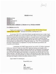 ["The document is a response from man Dick Armey regarding support for H.R. 5275, the Music Owners' Listening Rights Act of 2000. Armey explains the purpose of the bill and its implications for consumers who legally own music. He acknowledges the delay in addressing the issue and expresses appreciation for the sender's input. Armey mentions that the bill was not voted on by the 106th but assures that he is closely following the debate on digital music technologies and will consider the sender's thoughts as the issue evolves."]
