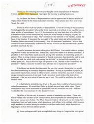 ["The document discusses the impeachment of President Clinton and hate crimes legislation. The author voted in favor of impeaching Clinton, believing it was necessary to defend the Constitution and uphold the rule of law. They also express concerns about hate crimes legislation, believing that all violent crimes should be treated equally and swiftly punished. The author promises to keep the reader's views in mind if similar legislation is considered in the future."]