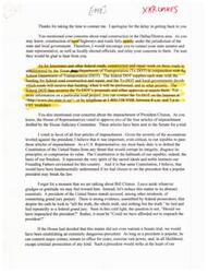 ["The document discusses the process of road construction in the Dallas/Denton area and advises the reader to contact state and local officials for concerns. It also explains the impeachment of President Clinton and the author's support for all four articles of impeachment. The author emphasizes the importance of upholding the rule of law and defending the Constitution, stating that failing to impeach the president would set a dangerous precedent. The author concludes by offering further assistance to the reader."]