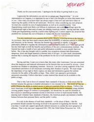["The document is a response from a representative in to a constituent's concerns about gun fingerprinting and internet censorship. The representative acknowledges the importance of considering cost and constitutionality when implementing new proposals, expresses concern about the dangers of indecent material on the internet, and supports voluntary basic standards of decency to regulate access to such material. The representative also mentions supporting legislation to protect children from harmful online content."]