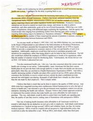 ["The document discusses the impact of government regulations on small businesses, specifically focusing on the Occupational Safety Hazards Administration (OSHA). It also addresses concerns about the current state of health care coverage in the nation, advocating for free"]