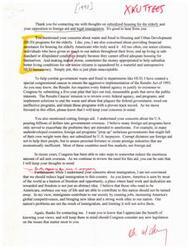 ["The document discusses the issues of subsidized housing for the elderly, foreign aid, and legal immigration. The author expresses concerns about waste and fraud in HUD programs and mentions creating a caucus to address government waste. They also mention the need to reevaluate foreign aid programs and express support for legal immigration, emphasizing the contributions immigrants make to society. The author promises to consider the reader's concerns in future legislation."]